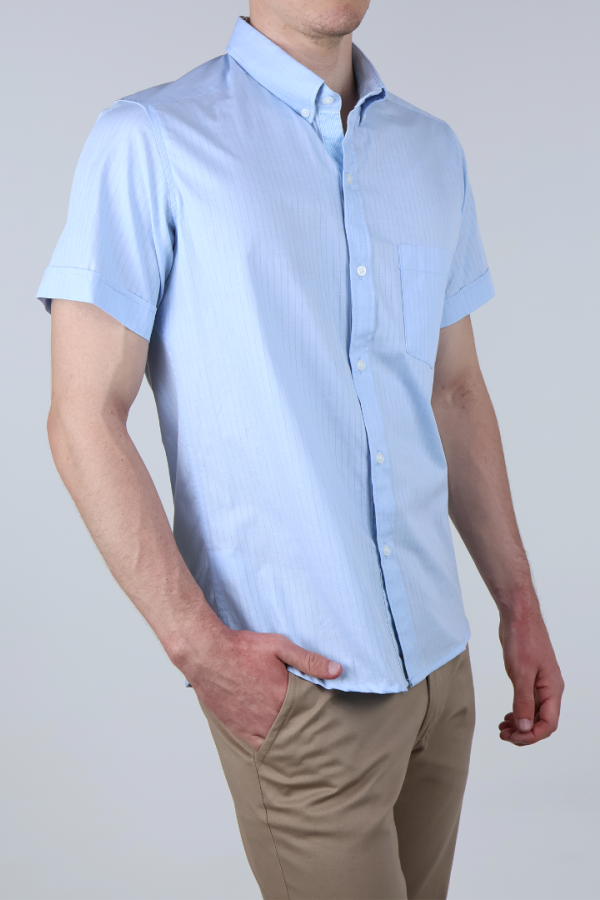 Camisa Manga Corta Corte Recto de Algodón Hombre Y Bolsillo Azul Cielo